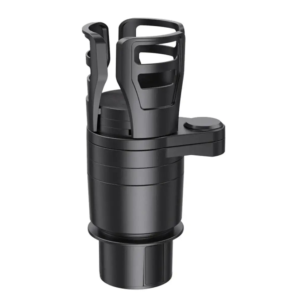 Black plastic car cup holder with a sleek, modern design and adjustable clamping mechanism.