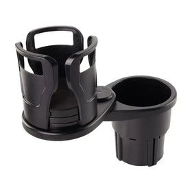 Black plastic car cup holder with a dual-compartment design featuring an adjustable, curved arm for secure placement.