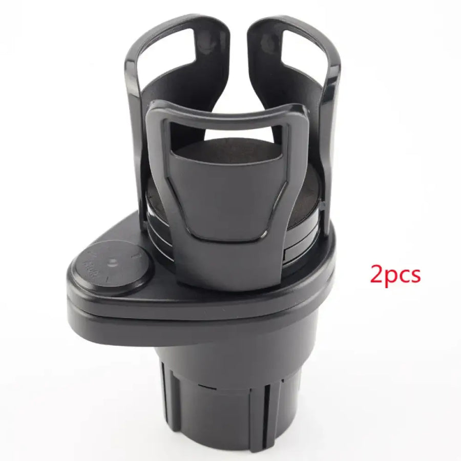 Black plastic car cup holder with adjustable arms and a circular base.