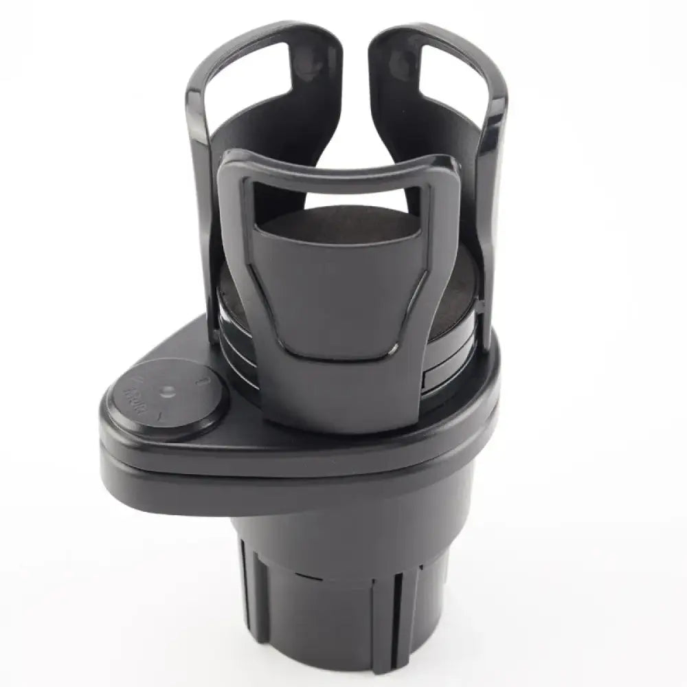 Black plastic car cup holder with adjustable arms and a circular base
