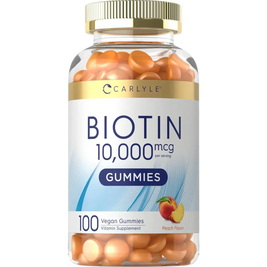 Carlyle Biotin 10000mcg Gummies | 100 Count | Peach Flavor Supplement | Vegan Non-GMO Gluten Free