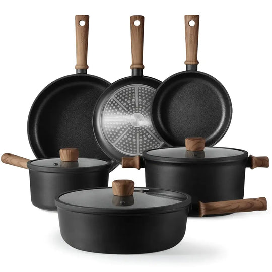 CAROTE 9pcs Pots and Pans Set Non Stick Nonstick Kitchen Cookware Sets Titanium Induction Cookware Sets with Stay-Cool Handle Black