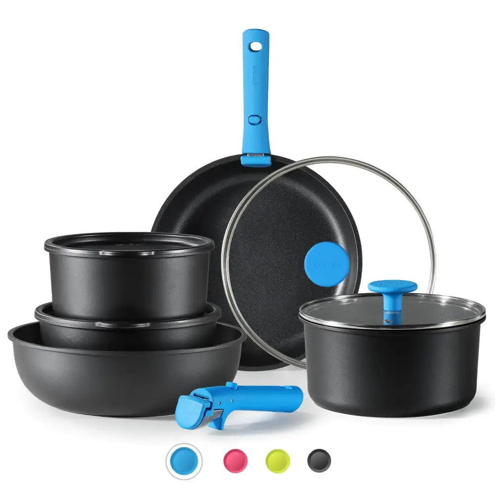 Black non-stick cookware set with blue silicone handles and lids