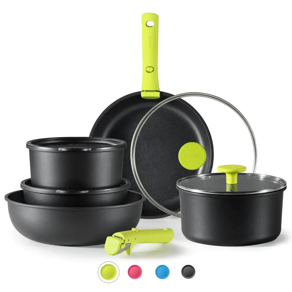 Lime green handle frying pan with black non-stick cooking surface and matching lid.