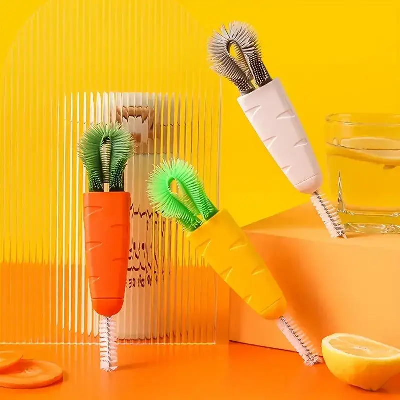 Orange and yellow carrot-shaped bottle brushes with green bristles.