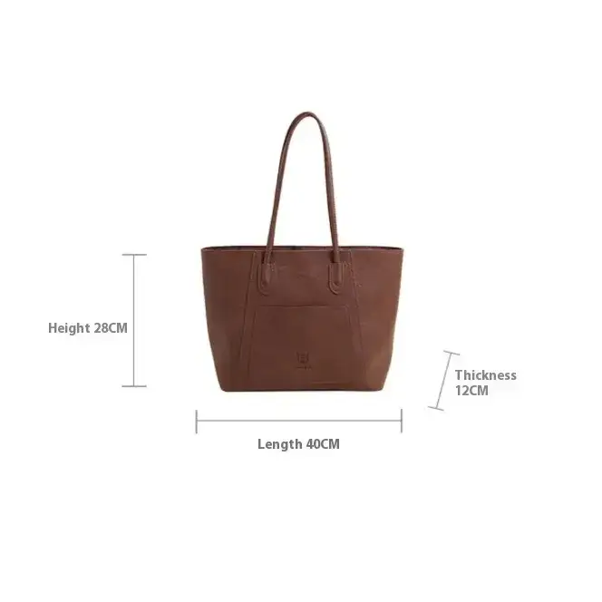 Brown leather tote bag with two handles and a front pocket.