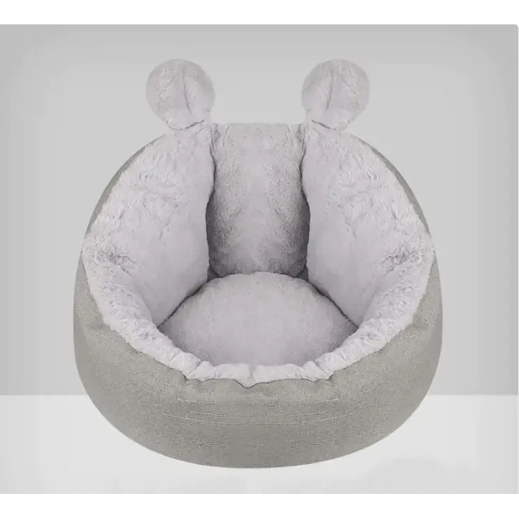Soft gray plush pet bed with fuzzy interior and adorable rounded ear accents.