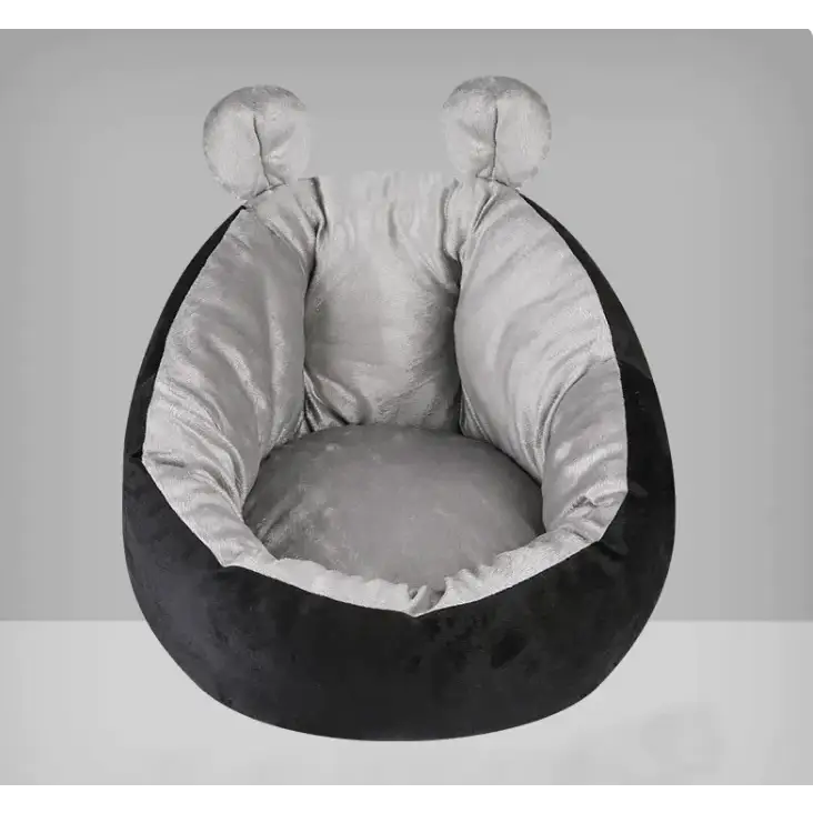 Black and silver plush pet bed with soft, velvety texture and adorable rounded ears.