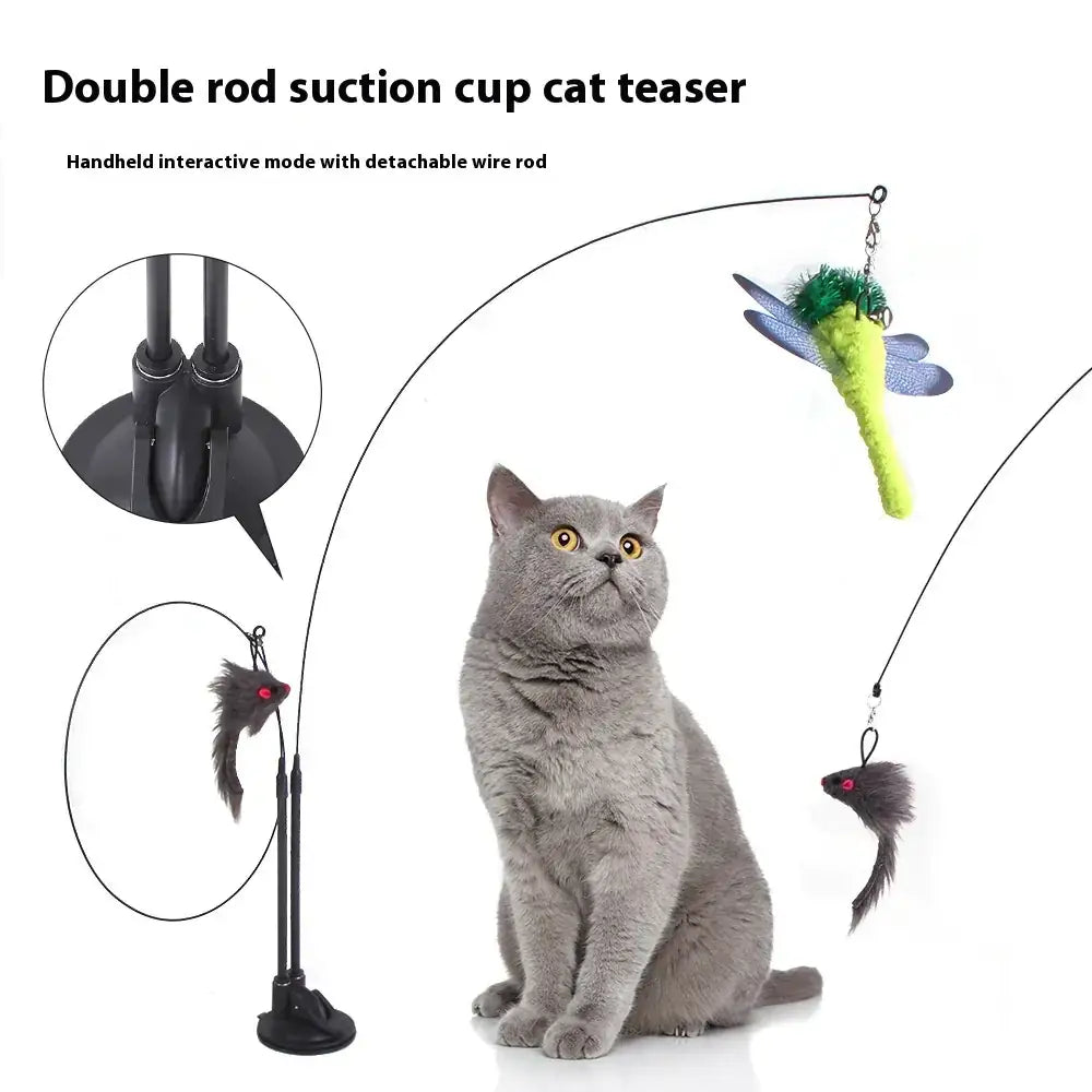 Black double rod suction cup cat teaser with detachable wire rods and colorful plush toys.