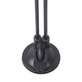 Black dual-armed desk lamp with a circular suction base and sleek, matte-finished metal poles.