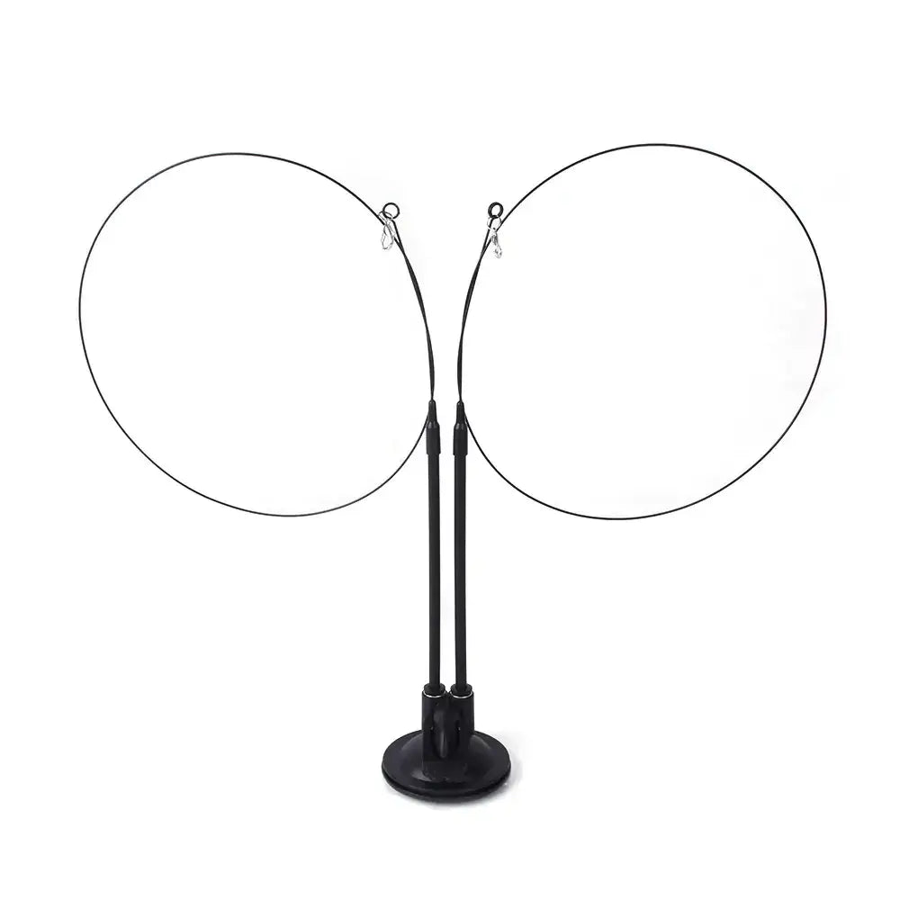 Black dual-circular display stand with sleek, minimalist design and sturdy base.