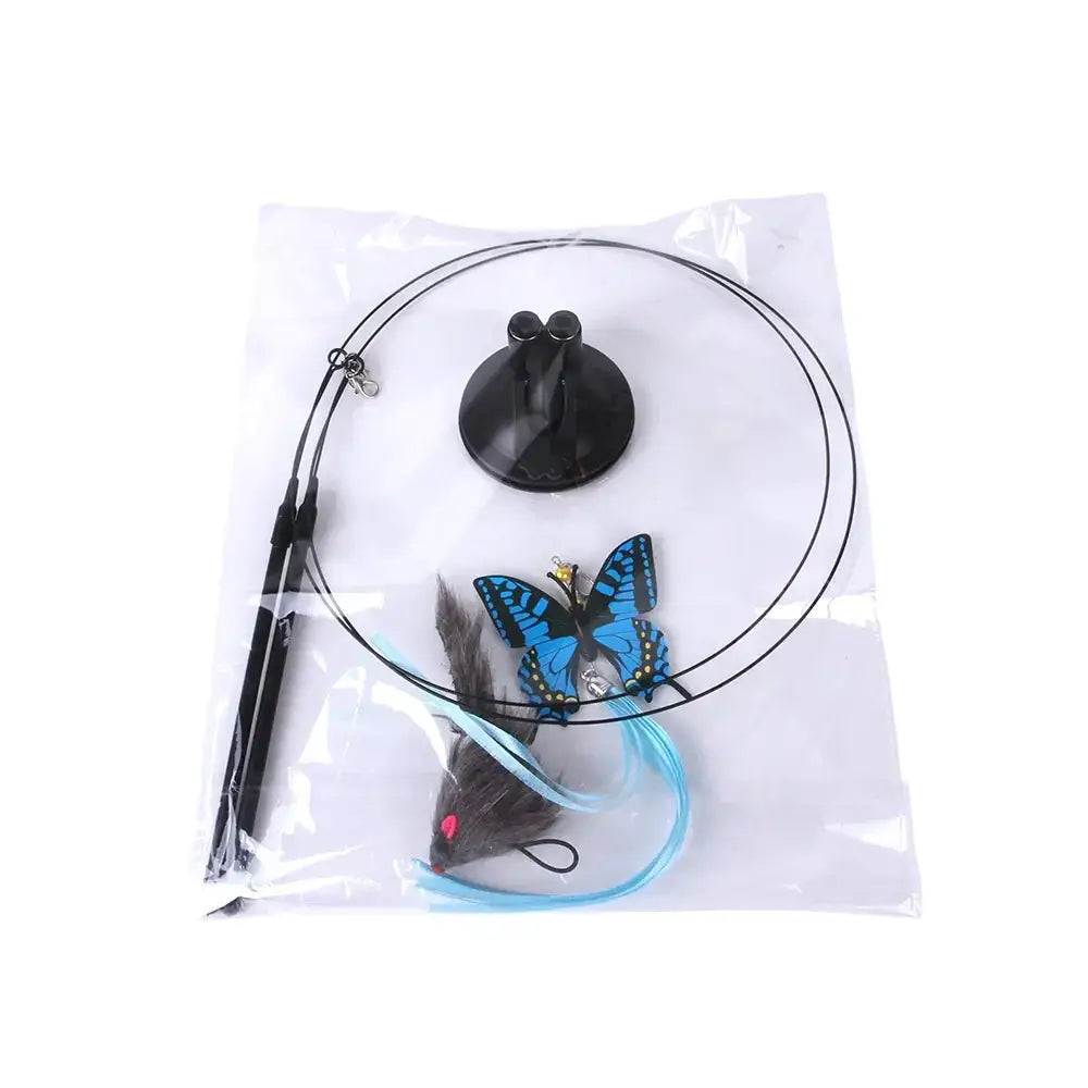 Blue and black butterfly-shaped cat toy with feather tail, attached to a retractable wand.