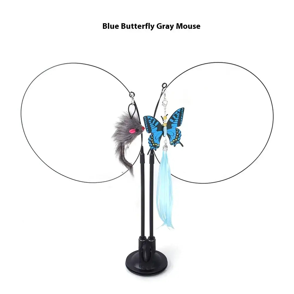 Blue butterfly and gray mouse cat toy set with dangling feathers.