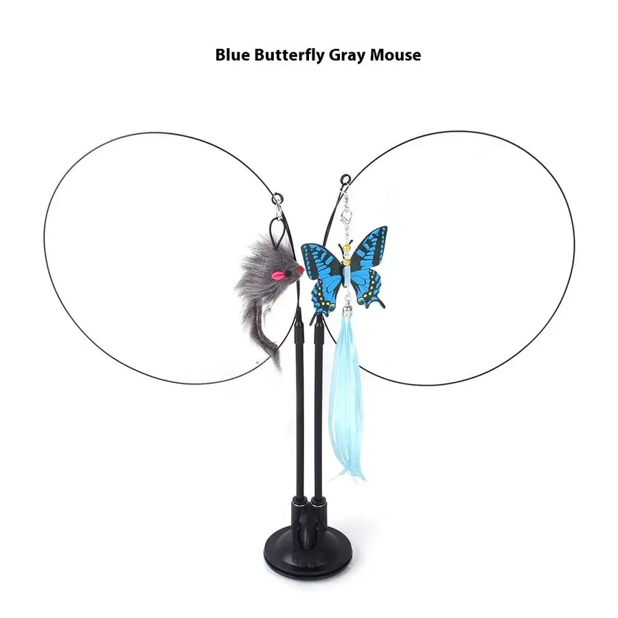 Blue butterfly and gray mouse cat toy set with dangling feathers.