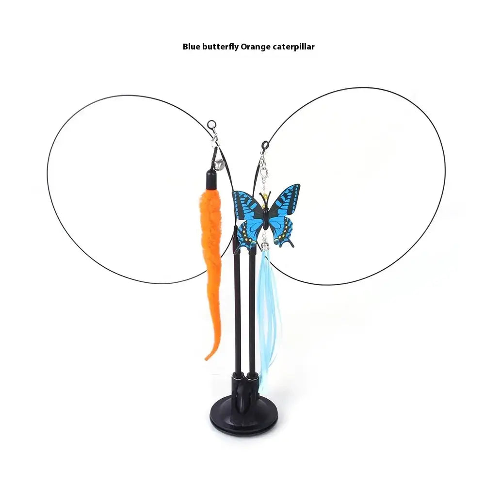 Blue butterfly and orange caterpillar cat toy with feather tails on a black stand.