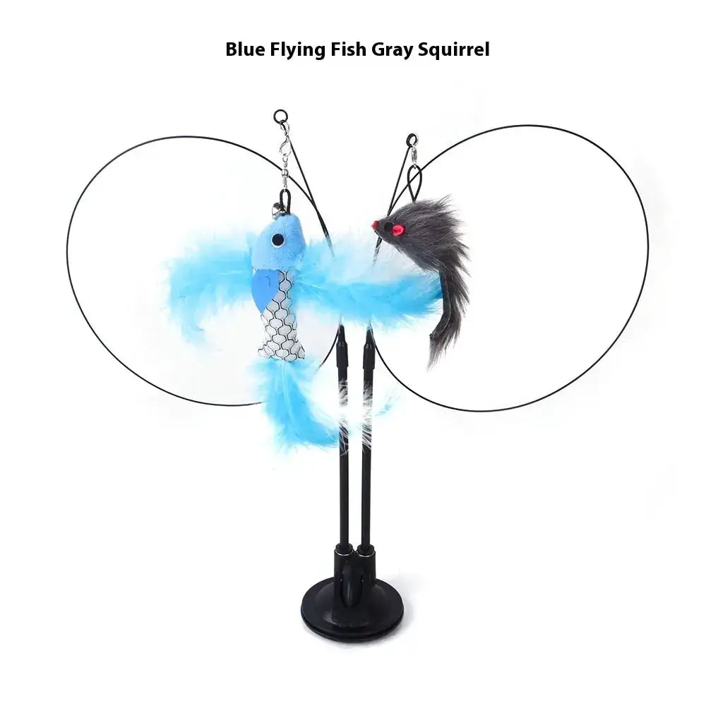 Blue flying fish and gray squirrel cat toy with feathered tails, made of plush fabric and metal hooks.
