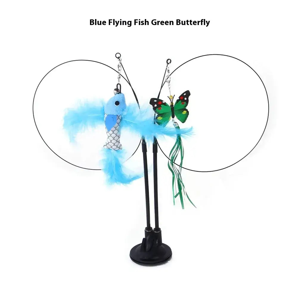 Blue flying fish and green butterfly cat toy with feathered wings and dangling tails.