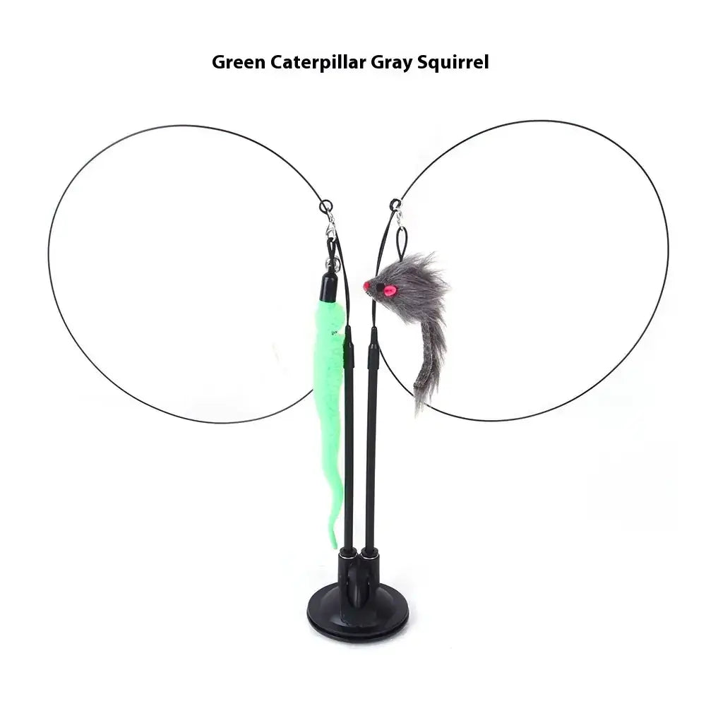 Black cat toy stand holding a green caterpillar and gray squirrel feather wand.