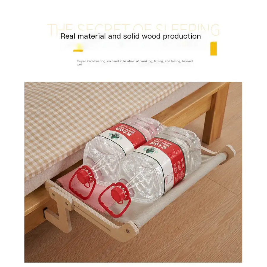 Light wood-colored bedside shelf holding two clear plastic water bottles with red caps and labels.