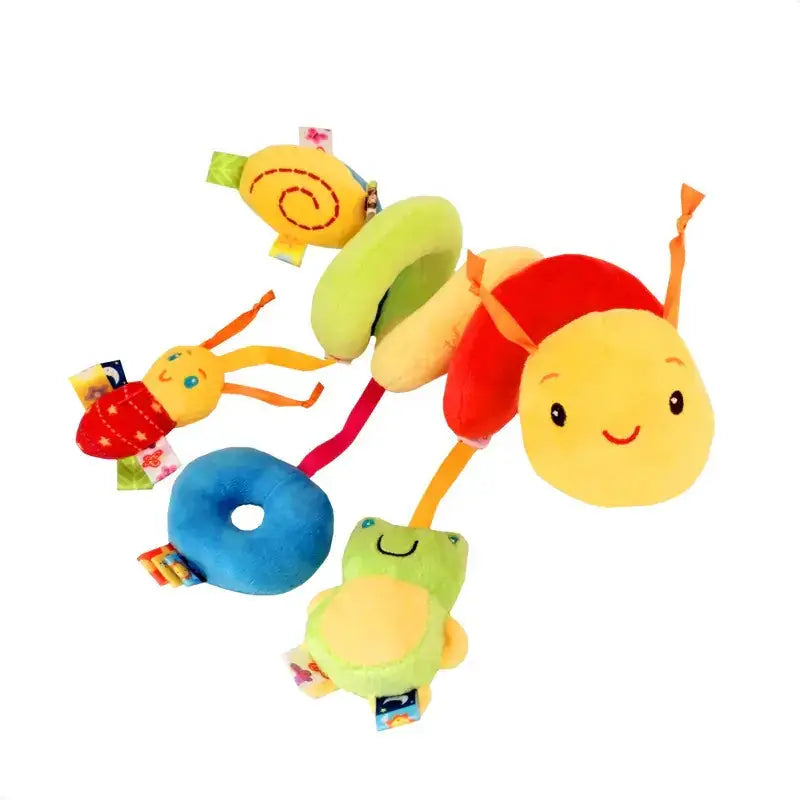 Colorful plush caterpillar toy with soft fabric segments and attached animal charms.