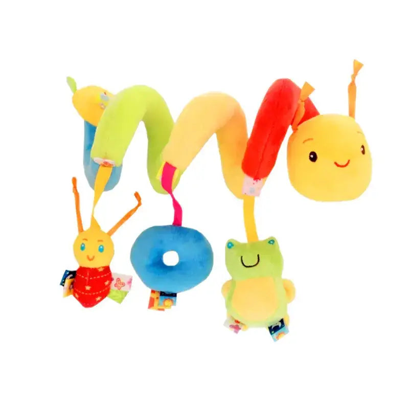 A colorful, plush caterpillar-shaped baby toy with segmented body parts in green, yellow, and red, featuring a smiling face at the head and attached dangling toys including a frog, a donut, and another insect.