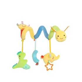 A colorful plush baby mobile featuring a yellow and blue segmented snake with smiling faces, hanging from which are soft stuffed animals including a green dinosaur, a light blue moon, and a yellow elephant holding an orange star.