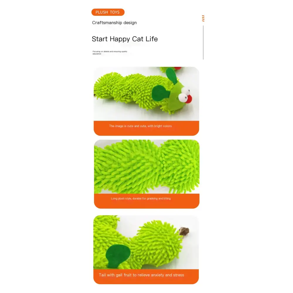Bright green, fuzzy caterpillar-shaped plush toy with googly eyes and a small red nose.