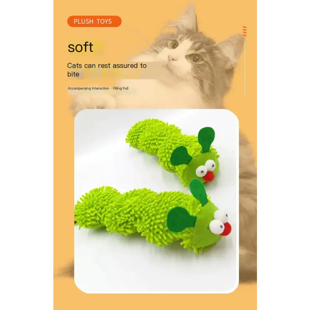 Bright green, plush caterpillar toy with fuzzy texture and embroidered eyes and antennae.