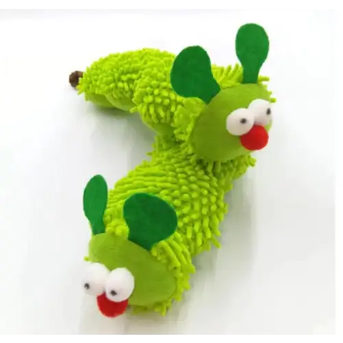 Green fuzzy caterpillar-shaped pet toy with embroidered eyes and a red nose.