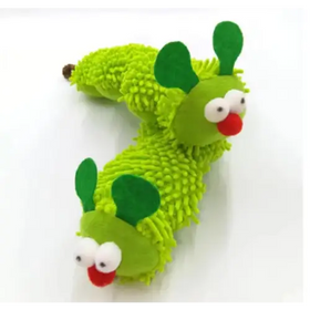Green fuzzy caterpillar-shaped pet toy with embroidered eyes and a red nose.
