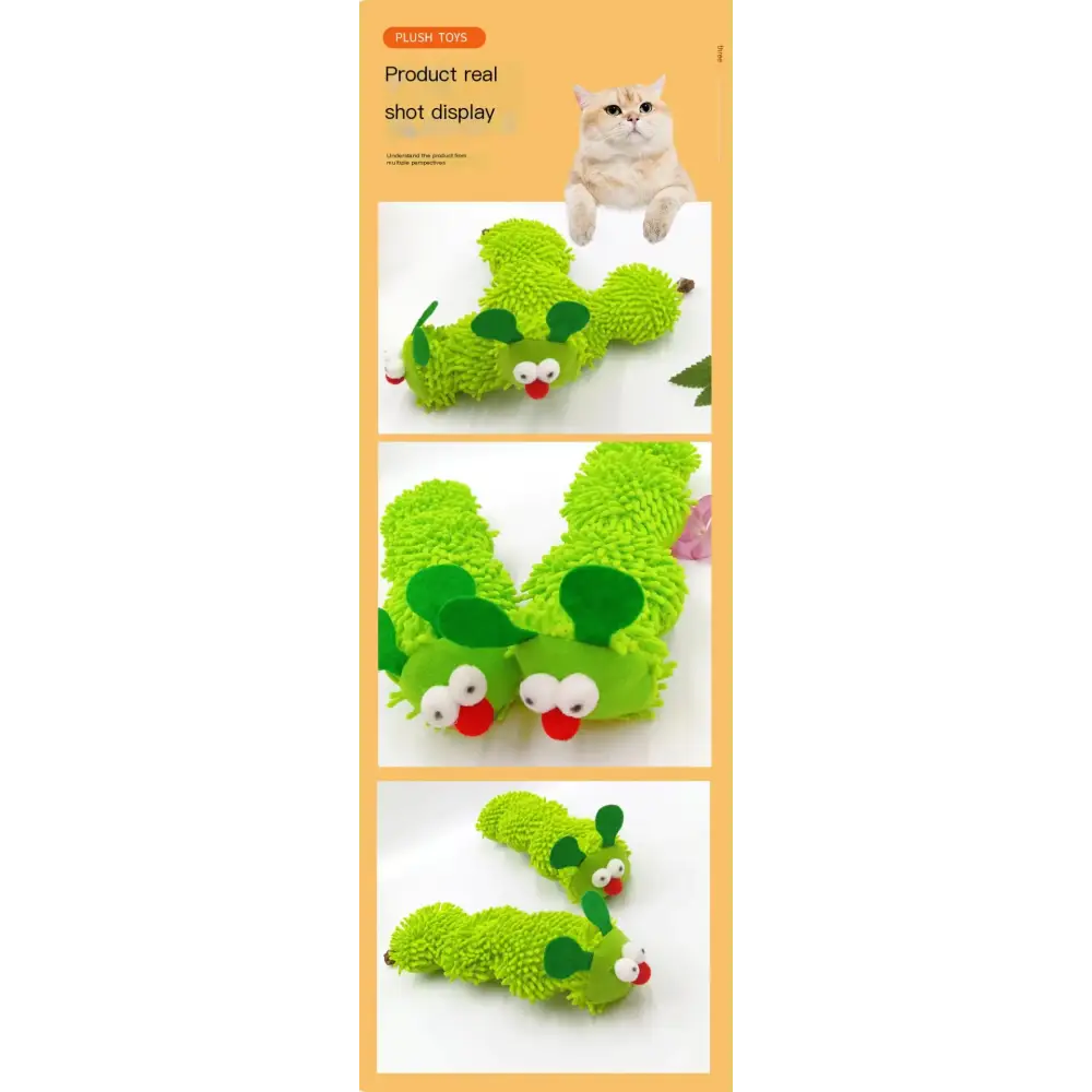 Green, fuzzy caterpillar-shaped plush toy with googly eyes and red nose.