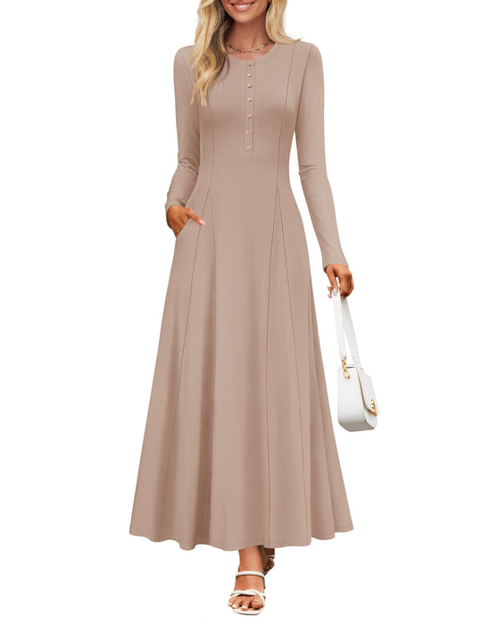 ZESICA Womens Elegant Maxi Dresses 2025 Spring Long Sleeve Button Casual A Line Boho Flowy Dress with PocketsKhakiXL