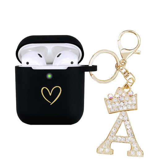 AIIEKZ Compatible with AirPods Case Cover Soft Silicone Case with Gold Heart Pattern for AirPods 2&1 Generation Case with Rhinestone Studded Letter A-Z Keychain (A Black)