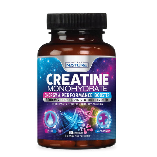 Built by Nature Creatine Monohydrate Pills - Micronized Creatine Supplement for Men & Women - Muscle Strength Energy Endurance and Recovery - Gluten-Free Vegan Non-GMO - 60 Capsules