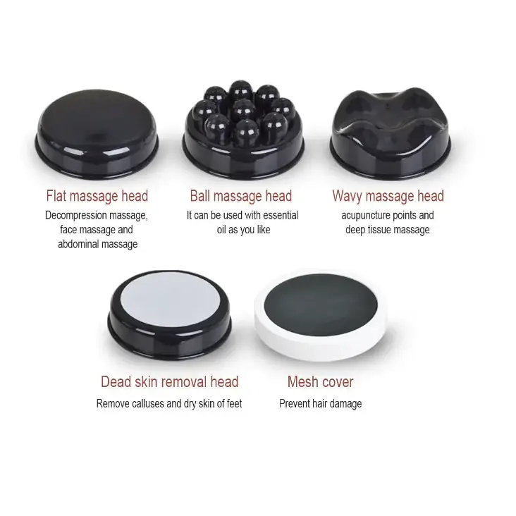 Black plastic massage heads with smooth, glossy surfaces and varied designs for different therapeutic uses.