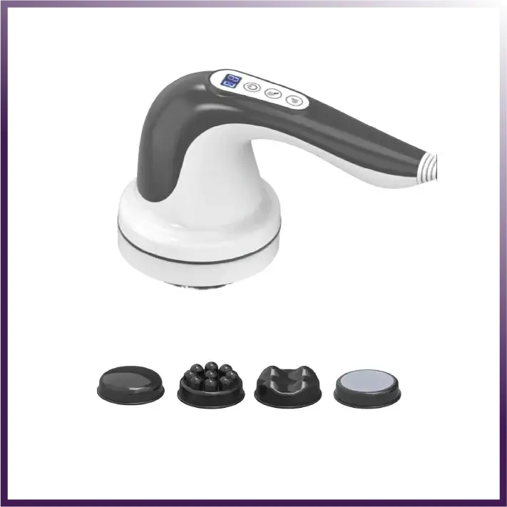 Gray and white handheld massager with four interchangeable black massage heads.