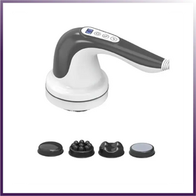 Gray and white handheld massager with four interchangeable black massage heads.