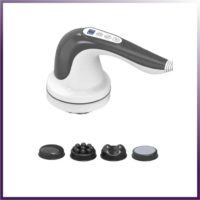 Gray and white handheld massager with four interchangeable black massage heads.