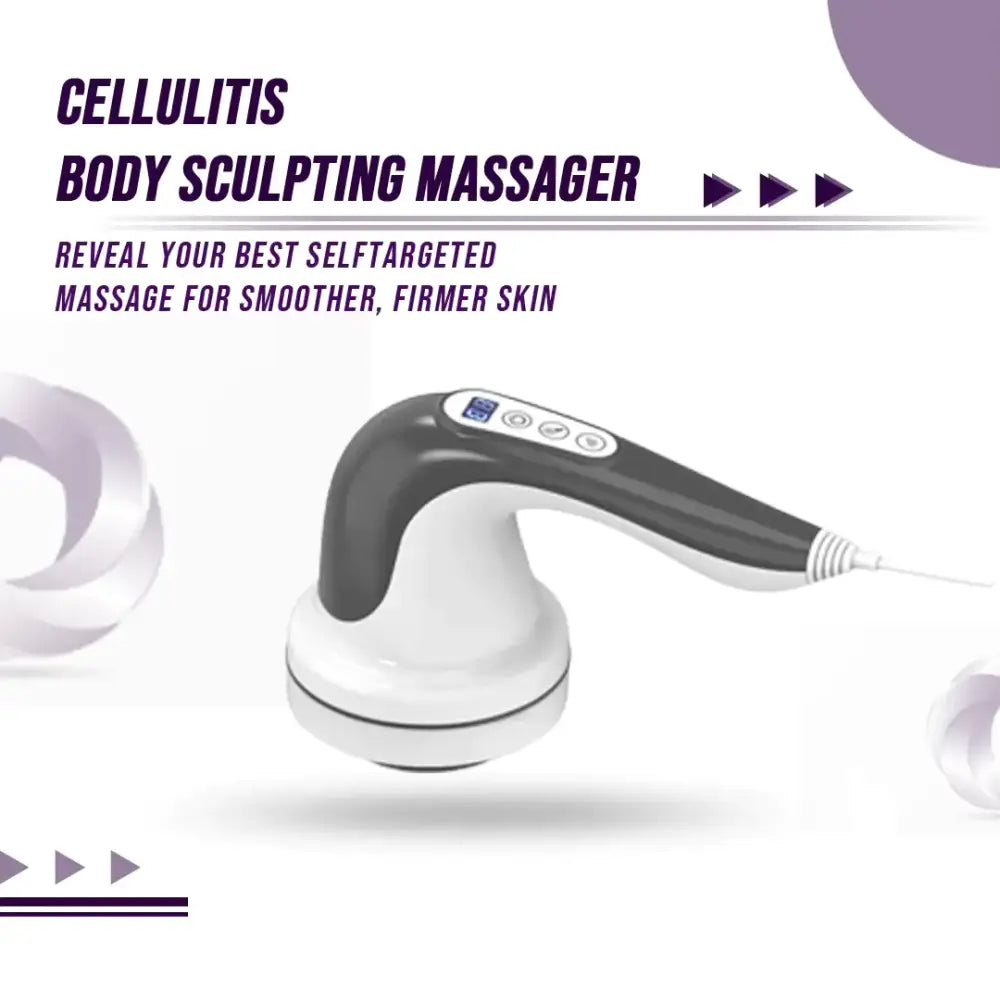 White and black cellulitis body sculpting massager with a curved handle, digital display, and control buttons.