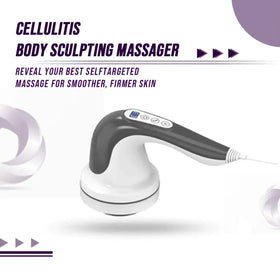 White and black cellulitis body sculpting massager with a curved handle, digital display, and control buttons.