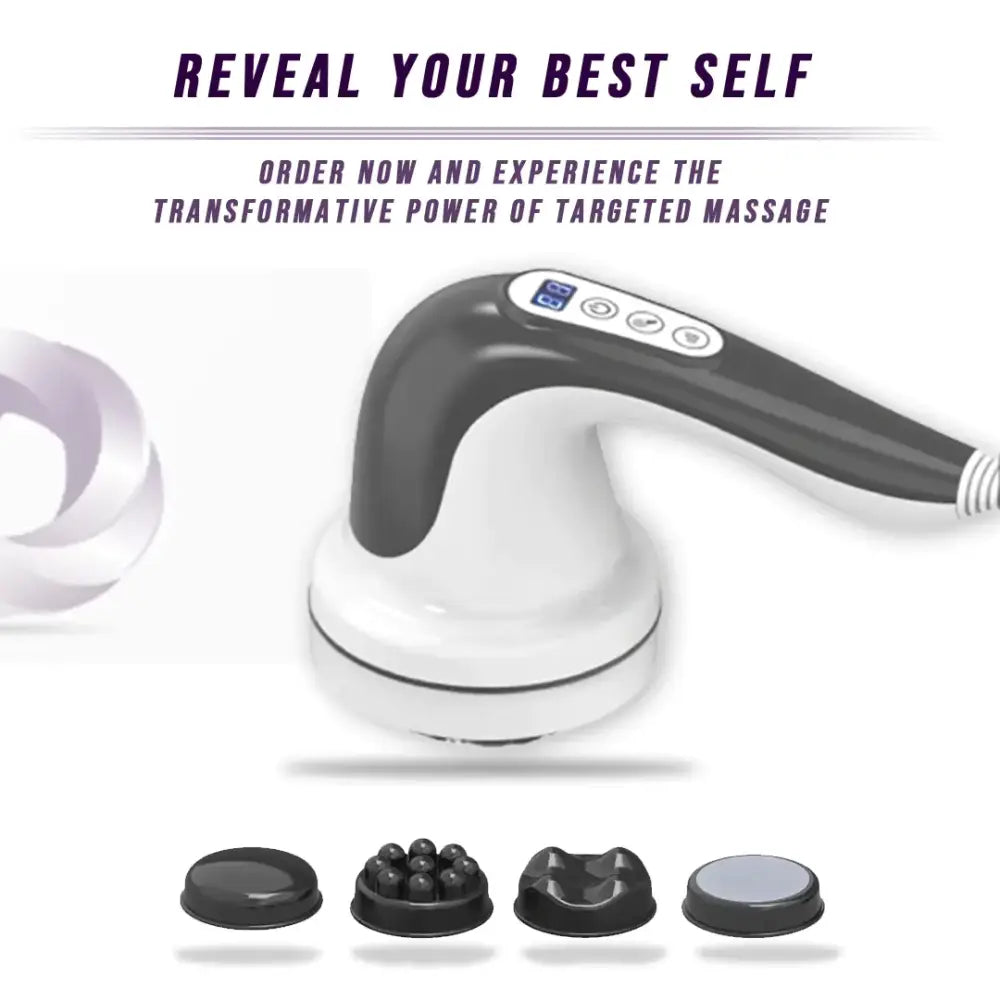 White and black handheld massage device with a curved handle, digital display, and multiple interchangeable head attachments.