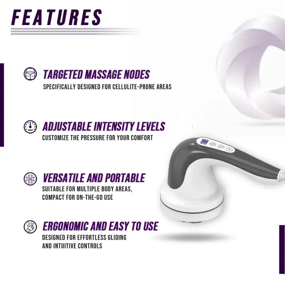 White and black handheld massage device with a curved handle and circular head.