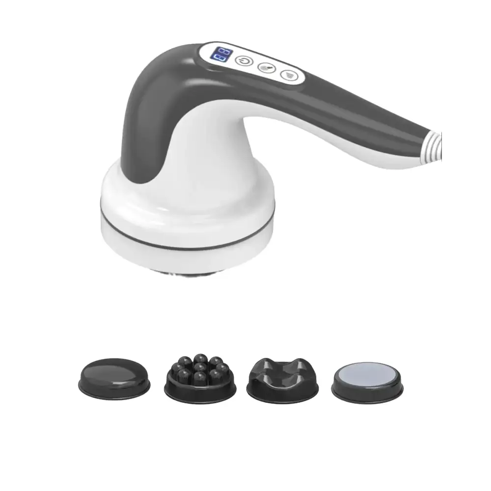 White and gray handheld massage device with interchangeable black attachments.