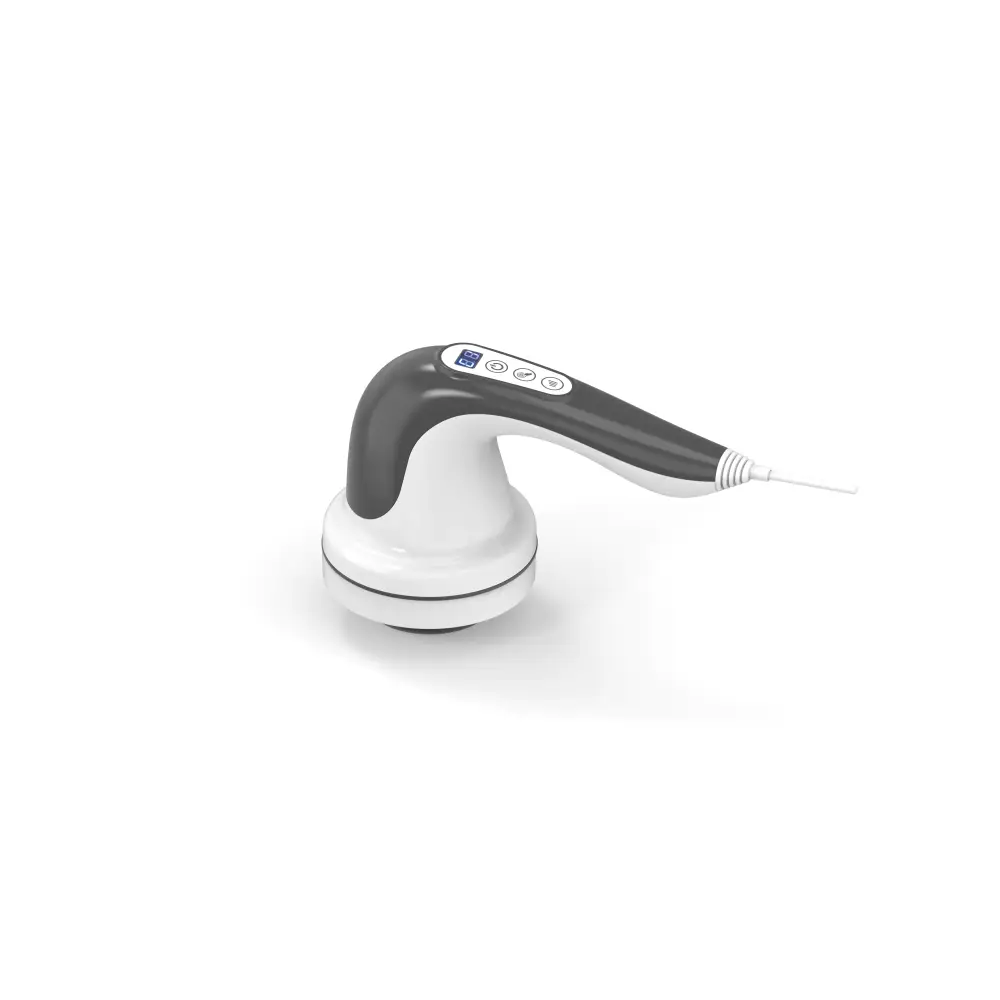 White and gray handheld massage device with a curved ergonomic handle, digital display, and control buttons.