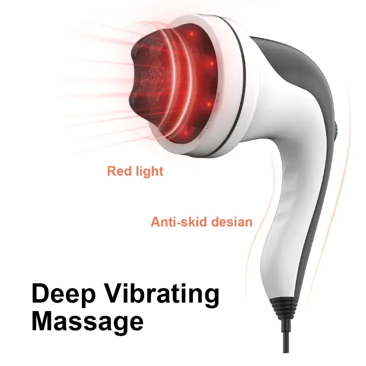 White and gray handheld massager with red led lights for deep vibrating massage.