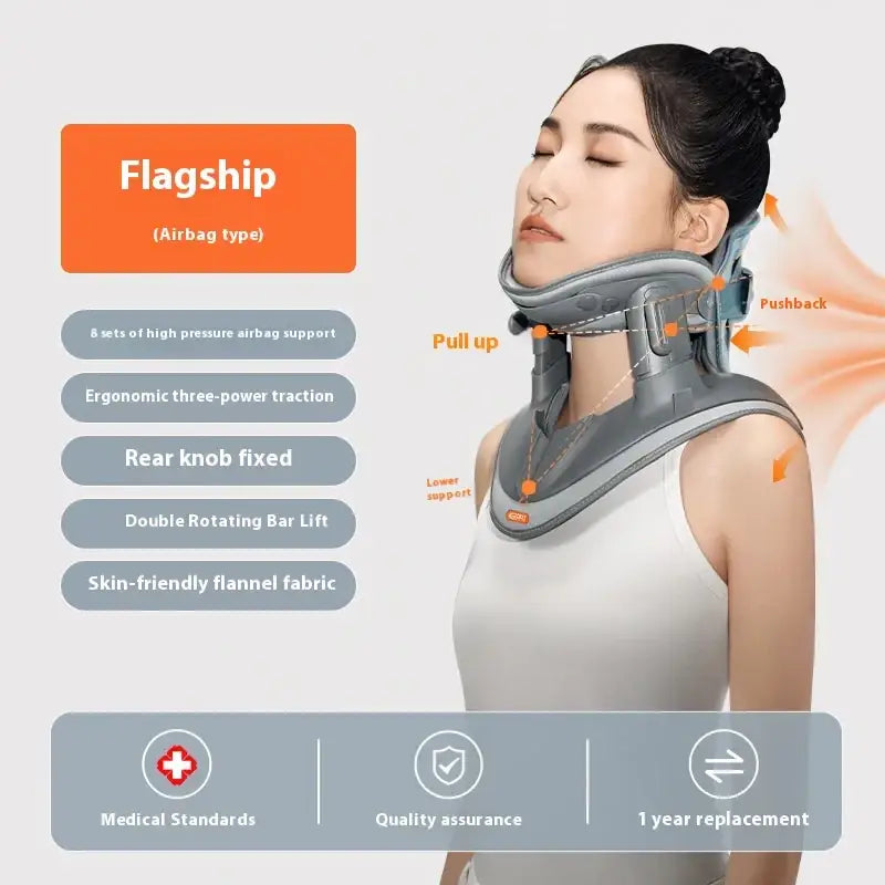 Gray inflatable cervical collar with a three-power traction design and skin-friendly flannel fabric.