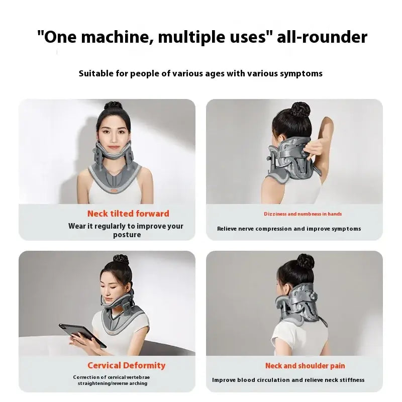 Gray and black adjustable cervical collar designed for posture correction, nerve compression relief, and neck/shoulder pain management.