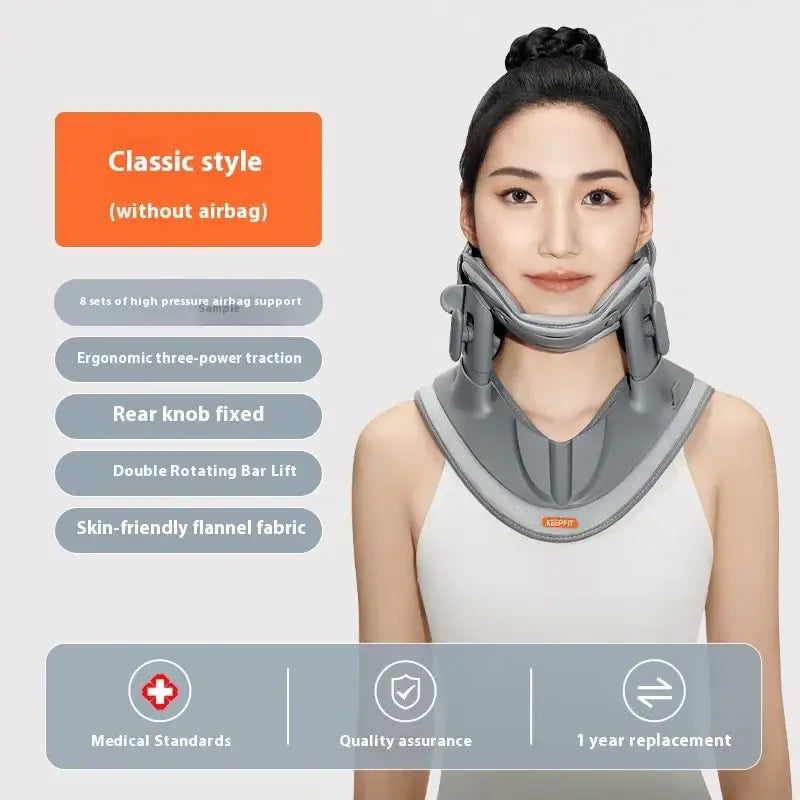 Gray cervical collar with adjustable rotating bars and flannel fabric.