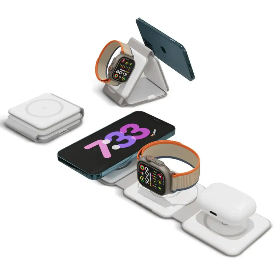 White multi-device wireless charging station with integrated slots for smartphones, smartwatches, and airpods cases.