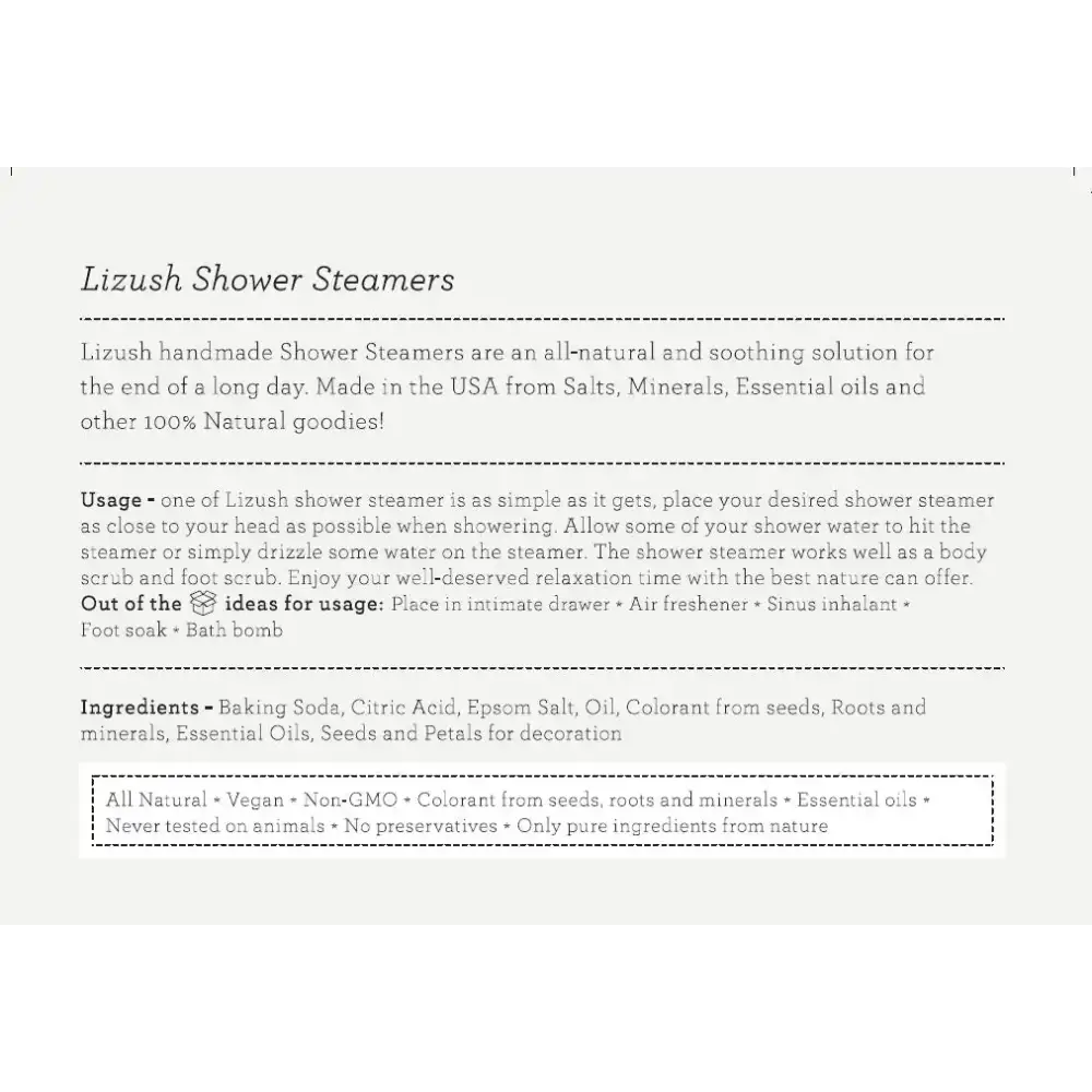 Lizush handmade shower steamer, an all-natural and soothing product made in the usa from salts, minerals, essential oils, and other 100% natural ingredients.